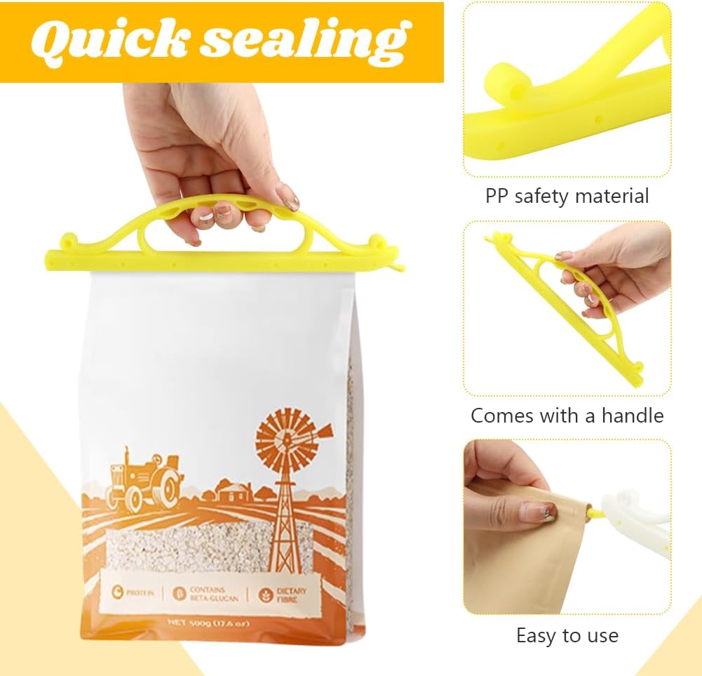 10pcs Food Bag Sealing Clips, Curved Design Bread Clip Large Size Chip Clips Gripstick Bag Sealers for Snack Coffee Bag Food Packages, 2 Sizes(Yellow, White)