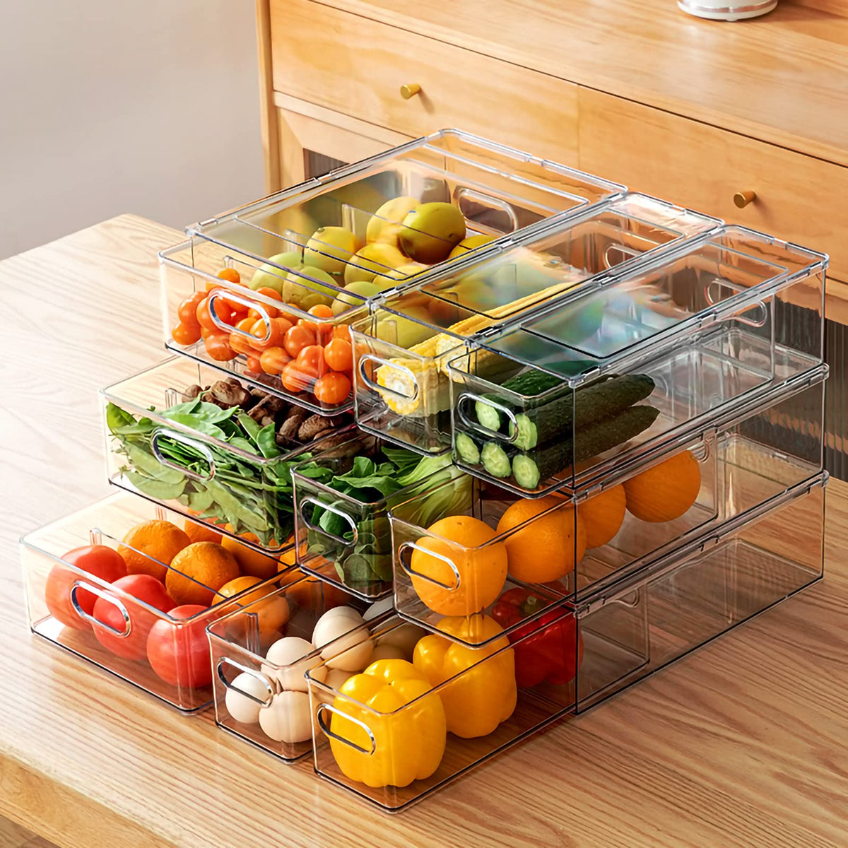 4 pack Stackable Refrigerator Organizer Bins Pull-Out Drawers for Fruit and Veggies Storage Organizer for Fridge Clear Drawer Containers with Handle Divided Organization for Produce Saver