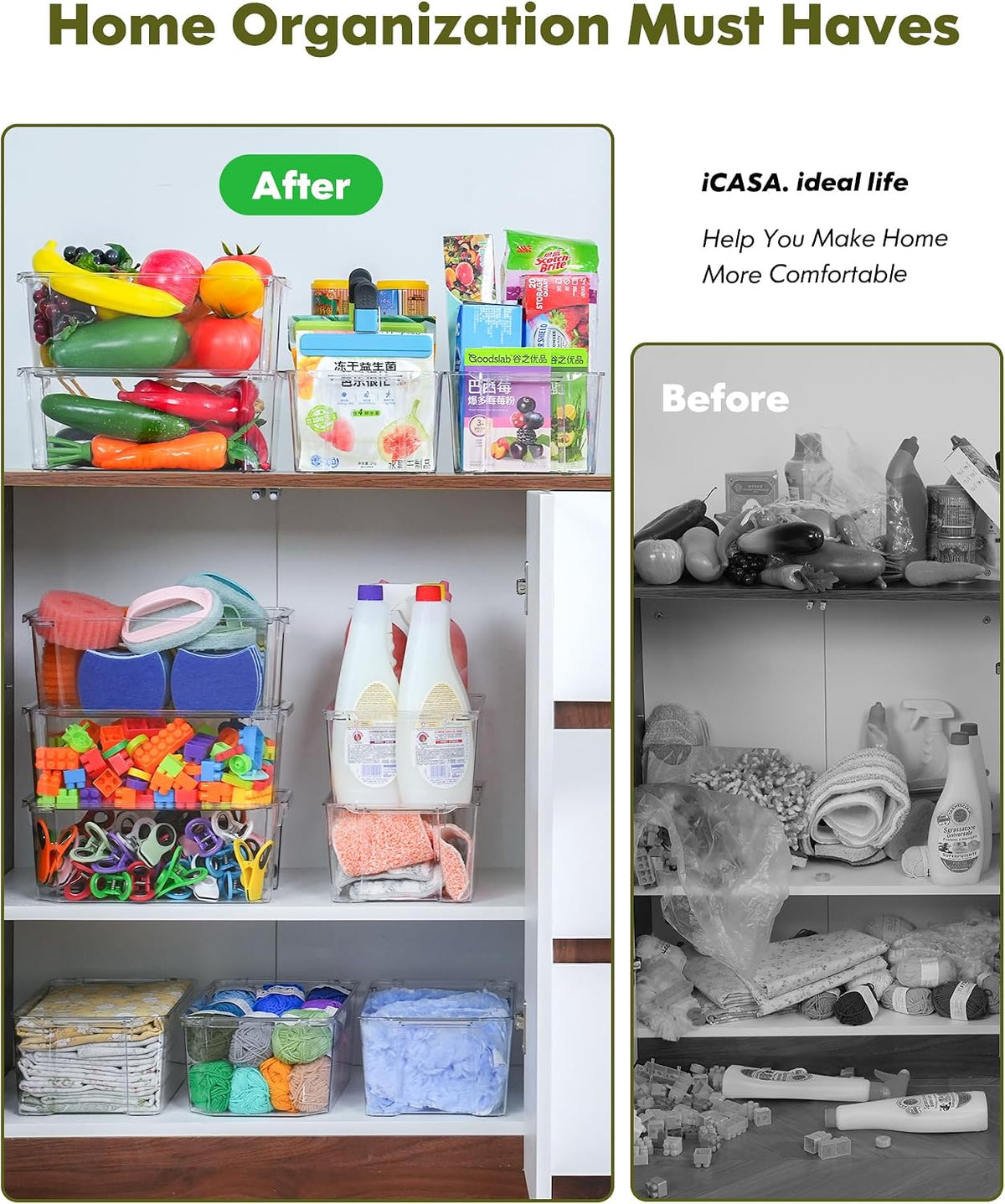 iCASA Stackable Clear Storage Bins for Refrigerator Pantry Fridge Organizer