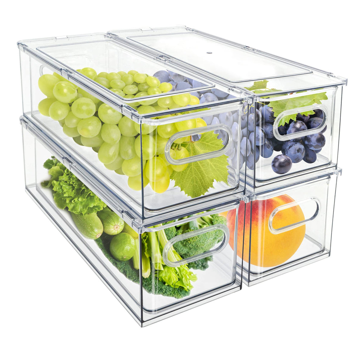 Mano Fridge Drawer Pull Out Stackable Bins with Handle Clear Refrigerator Drawers Organizer Food Storage Container Box with Dividers Plastic Produce Saver for Pantry, Cabinet, Kitchen, Clothes(4Pack)