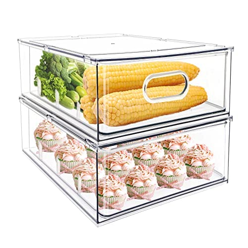 4 pack Stackable Refrigerator Organizer Bins Pull-Out Drawers for Fruit and Veggies Storage Organizer for Fridge Clear Drawer Containers with Handle Divided Organization for Produce Saver