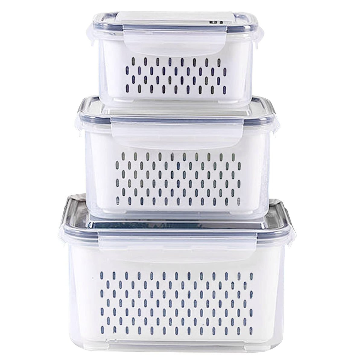 3Pack Fridge Food Storage Container Set with Lids with Strainer,Plastic Fresh Produce Saver Vegetable Fruit Meat Storage Organization, BPA-Free Plastic Produce Keepers(3.15L+1.7L+0.8L)