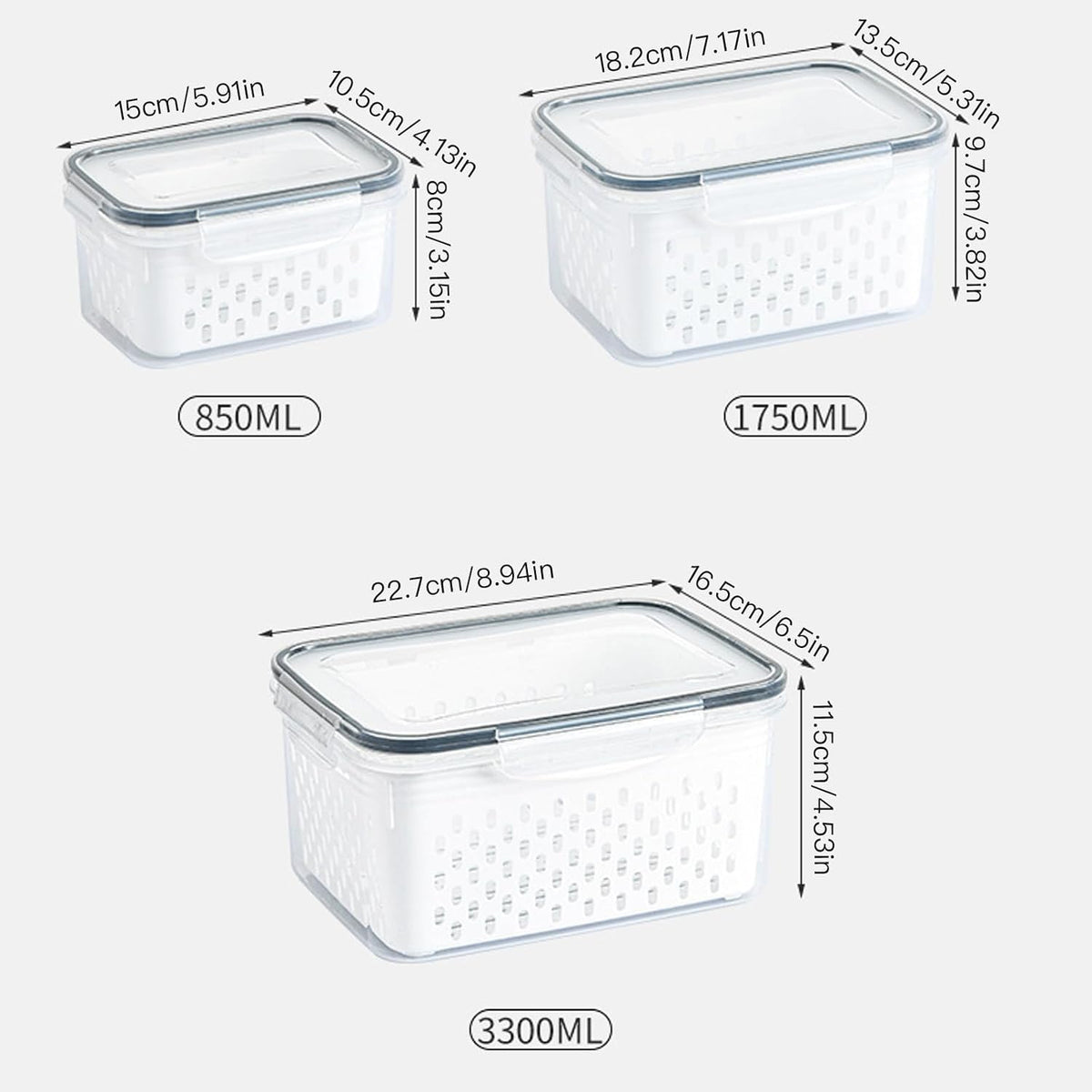 3 Pack Fruit Storage Containers for Fridge with Removable Colander – Airtight Produce Storage Containers with Lids, BPA-Free Berry Keeper for Vegetables, Lettuce & Meal Prep (29oz+59oz+112oz)