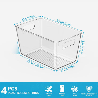 Clear Fridge Organizer Bins with Handles, 4 Pack Medium 10×6×5 Inch