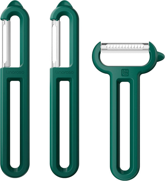Linoroso 3-Piece Vegetable Peeler Set - Straight, Serrated & Julienne Y-Peeler, Dishwasher Safe, Ideal for Veggies & Fruits, Green