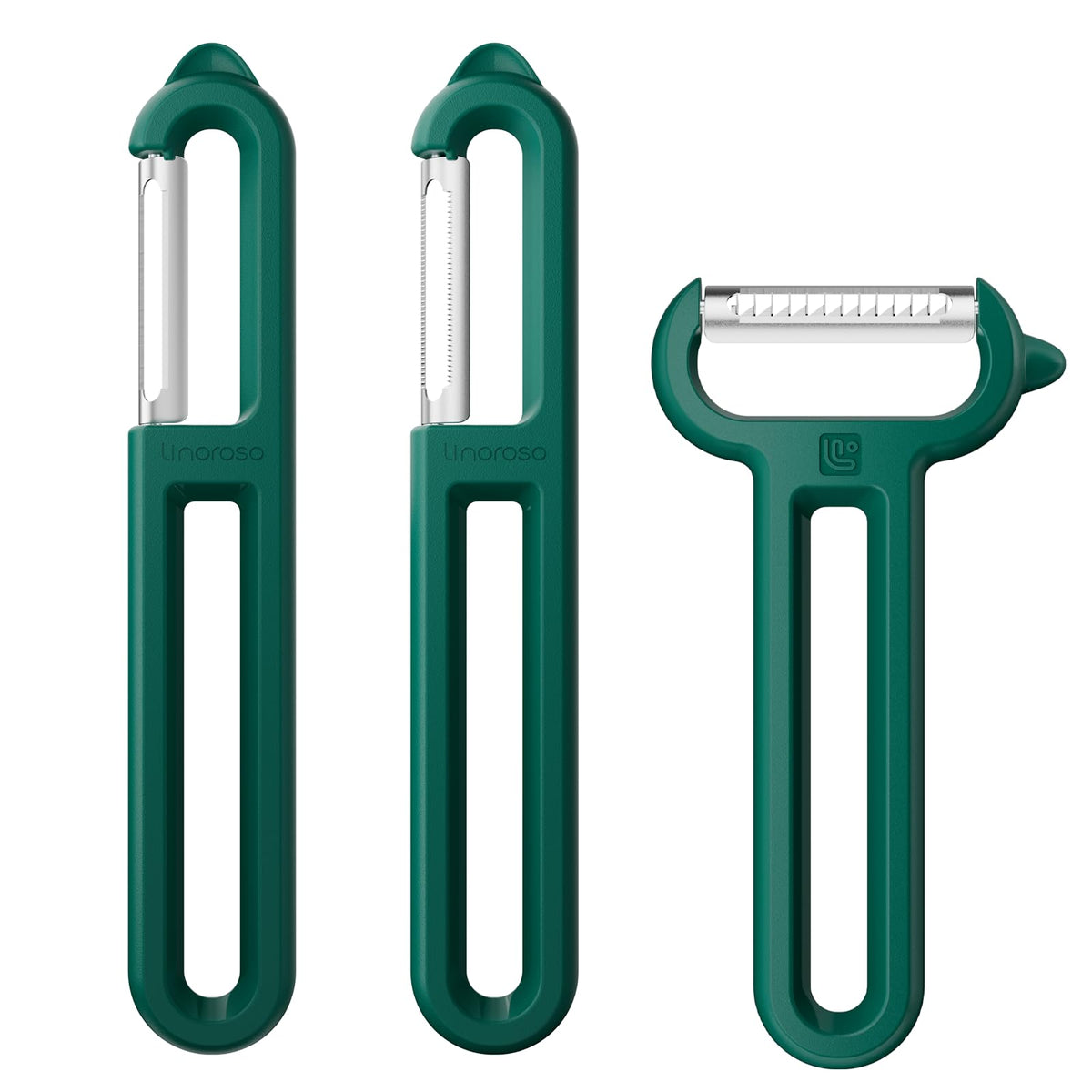 Linoroso 3-Piece Vegetable Peeler Set - Straight, Serrated & Julienne Y-Peeler, Dishwasher Safe, Ideal for Veggies & Fruits, Green