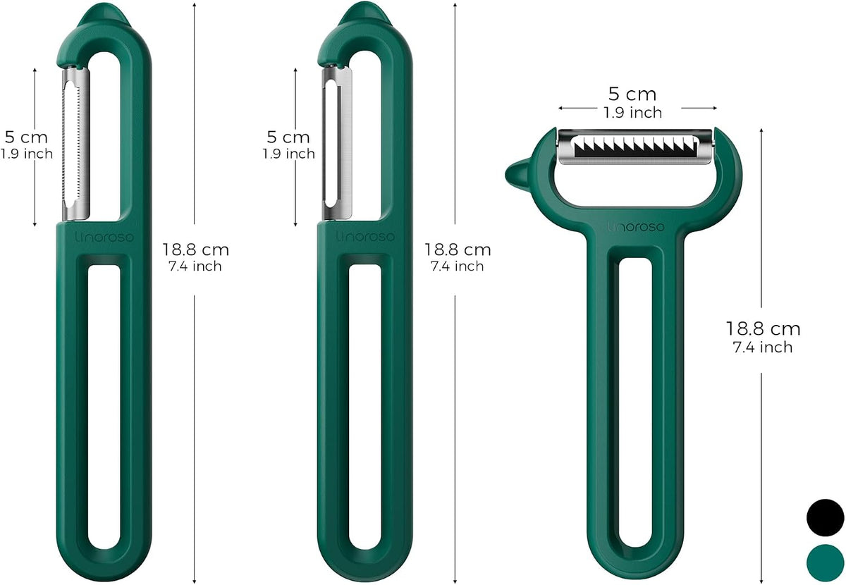 Linoroso 3-Piece Vegetable Peeler Set - Straight, Serrated & Julienne Y-Peeler, Dishwasher Safe, Ideal for Veggies & Fruits, Green
