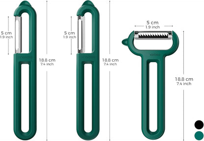 Linoroso 3-Piece Vegetable Peeler Set - Straight, Serrated & Julienne Y-Peeler, Dishwasher Safe, Ideal for Veggies & Fruits, Green