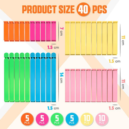 40 PCS Chip Clips, Sealing Bag Plastic Clip with Curved Design, Colorful Kitchen Clip for Chips and Other Food Bags, Snack Clips in 3 Size (2.8", 4.3", 5.5")