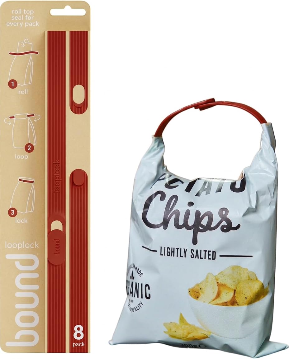 Bound Looplock Reusable Bag Sealer, Roll Top Food Storage Seal, 8 Pack, Blueberry