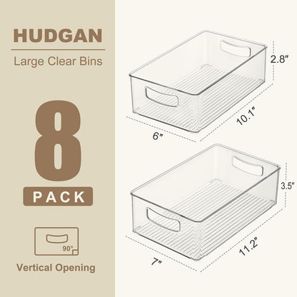 Hudgan Clear Storage Bins 8 Packs for Refrigerator, 4 Large Stackable Pantry Organizer Bins and 4 Medium Storage Plastic Containers for Home Edit, Kitchen, Freezer, Bathroom, Drawers, Shelves
