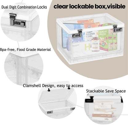 Large Medicine Lock Box for Safe Medication, 24 Litre Locked Medicine Box with Combination Code, Hygienic Lockable Storage Box for Snacks/Food/Electronic/Fridge/Personal Items Stackable Clear