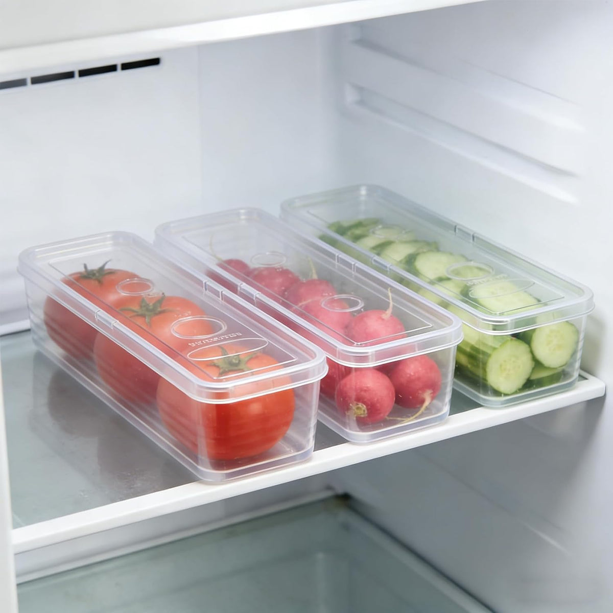 3 Pack Stackable Refrigerator Organizer Bins with Lids & Drain Tray, Clear Plastic Food Storage Containers, 10.5 Inch Long Airtight Box for Fruit, Vegetable, Meat, Fish, Kitchen Organization