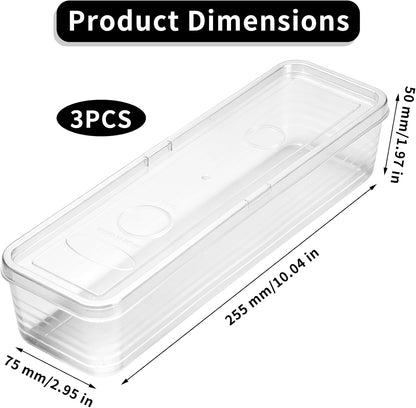 3 Pack Stackable Refrigerator Organizer Bins with Lids & Drain Tray, Clear Plastic Food Storage Containers, 10.5 Inch Long Airtight Box for Fruit, Vegetable, Meat, Fish, Kitchen Organization