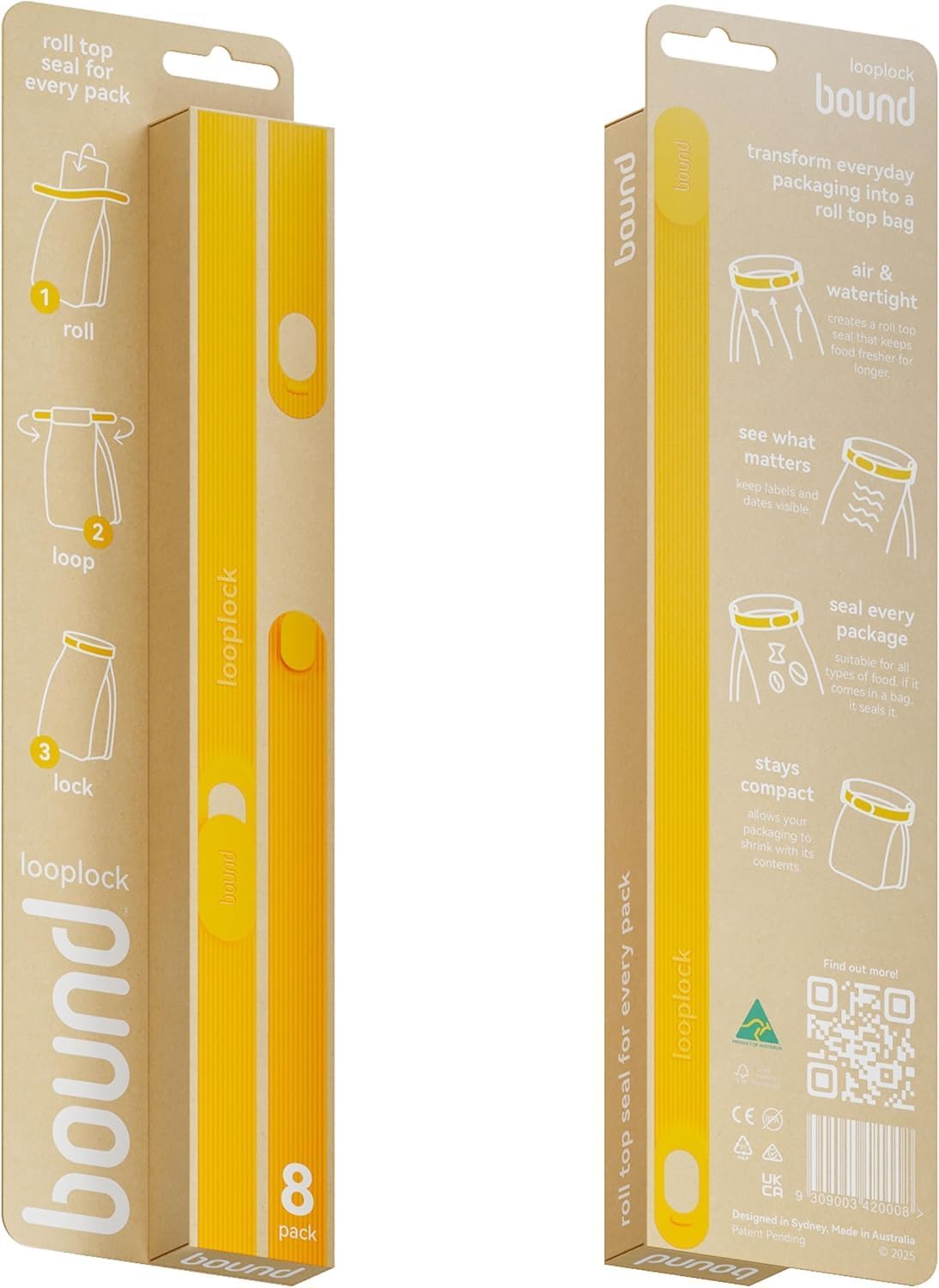 Bound Looplock Reusable Bag Sealer, Roll Top Food Storage Seal, 8 Pack, Mango