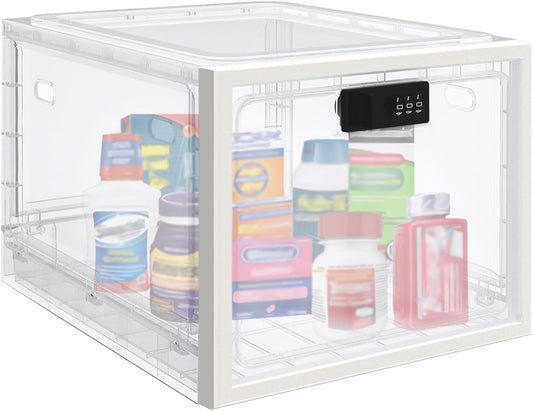 Medicine Lock Box for Safe Medication, 10L Lockable Storage Box for Fridge/Snacks Food, Phone Lock Boxes with Combination Code for Home/Dorms/Office Storage (1, Translucent White)