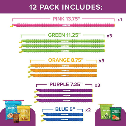 GripStic 12 Pack Assorted Food Bag Sealers Reusable Chip Clips Bag Clips