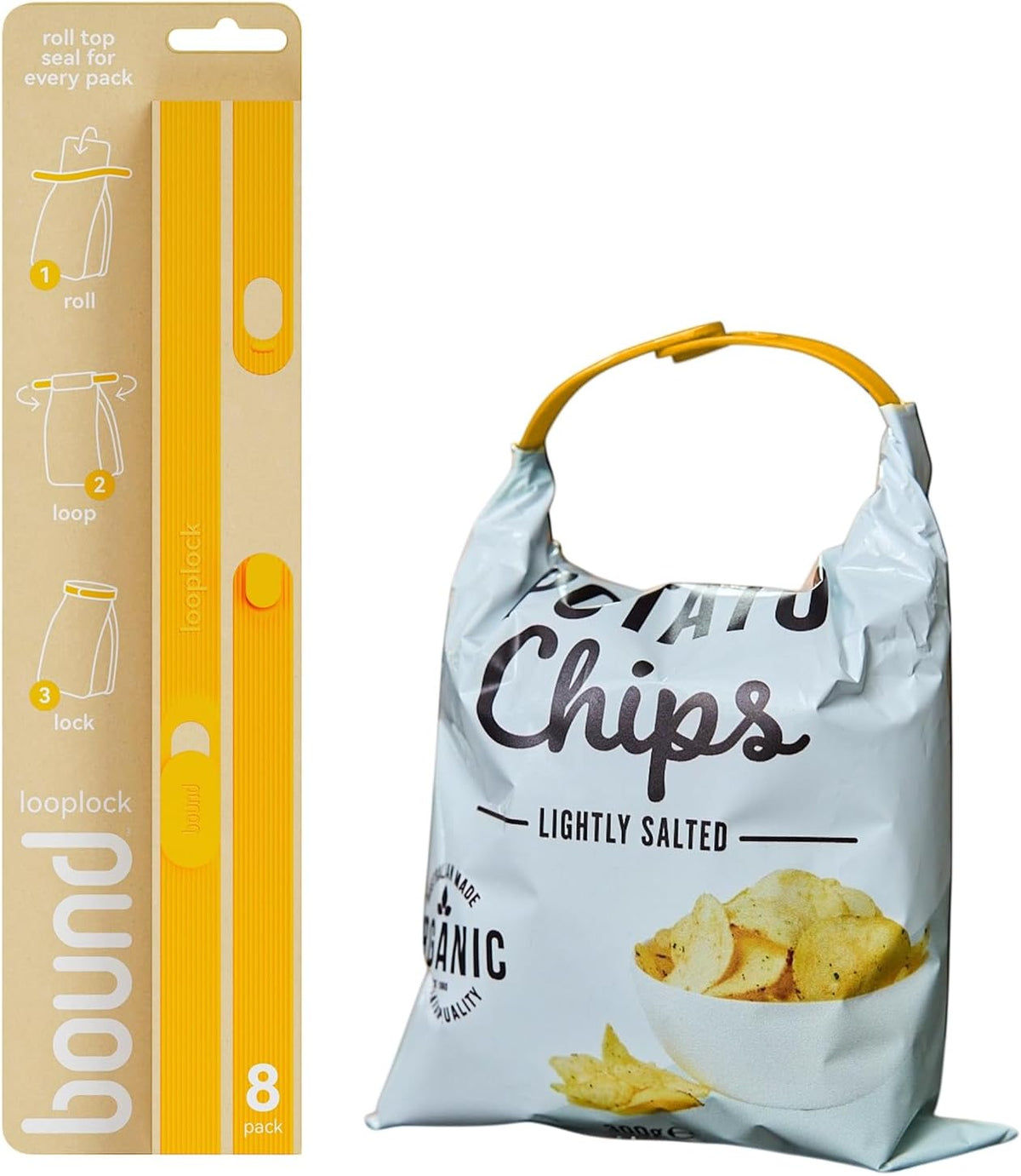 Bound Looplock Reusable Bag Sealer, Roll Top Food Storage Seal, 8 Pack, Mango