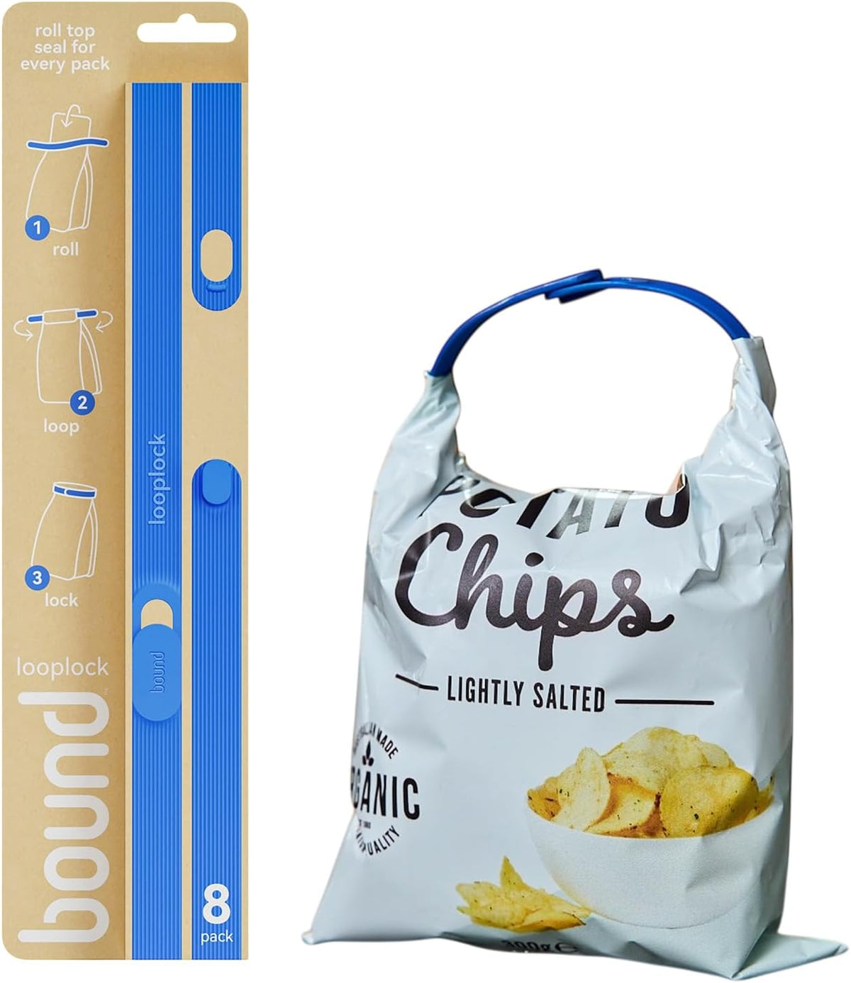 Bound Looplock Reusable Bag Sealer, Roll Top Food Storage Seal, 8 Pack, Blueberry
