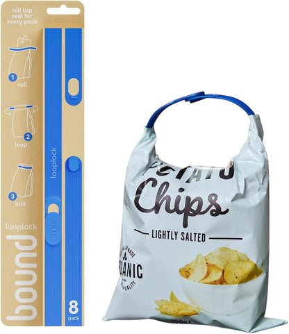 Bound Looplock Reusable Bag Sealer, Roll Top Food Storage Seal, 8 Pack, Blueberry