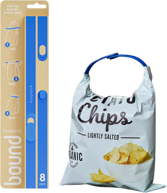 Bound Looplock Reusable Bag Sealer, Roll Top Food Storage Seal, 8 Pack, Blueberry
