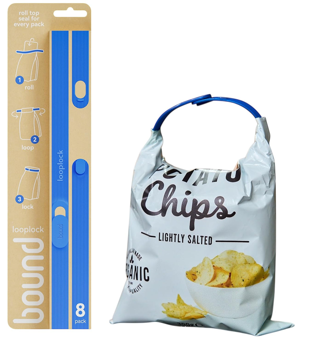 Bound Looplock Reusable Bag Sealer, Roll Top Food Storage Seal, 8 Pack, Mango