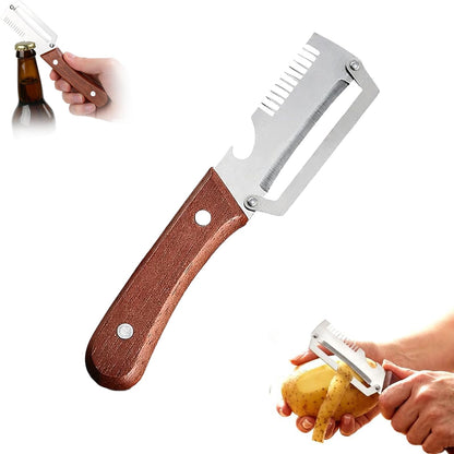 NEW Premium Vegetable Peeler with Wooden Handle and Bottle Opener: 2-in-1 Stainless Steel Kitchen Tool for Fruit Apple Potato Pumpkin Papaya (1Pack)