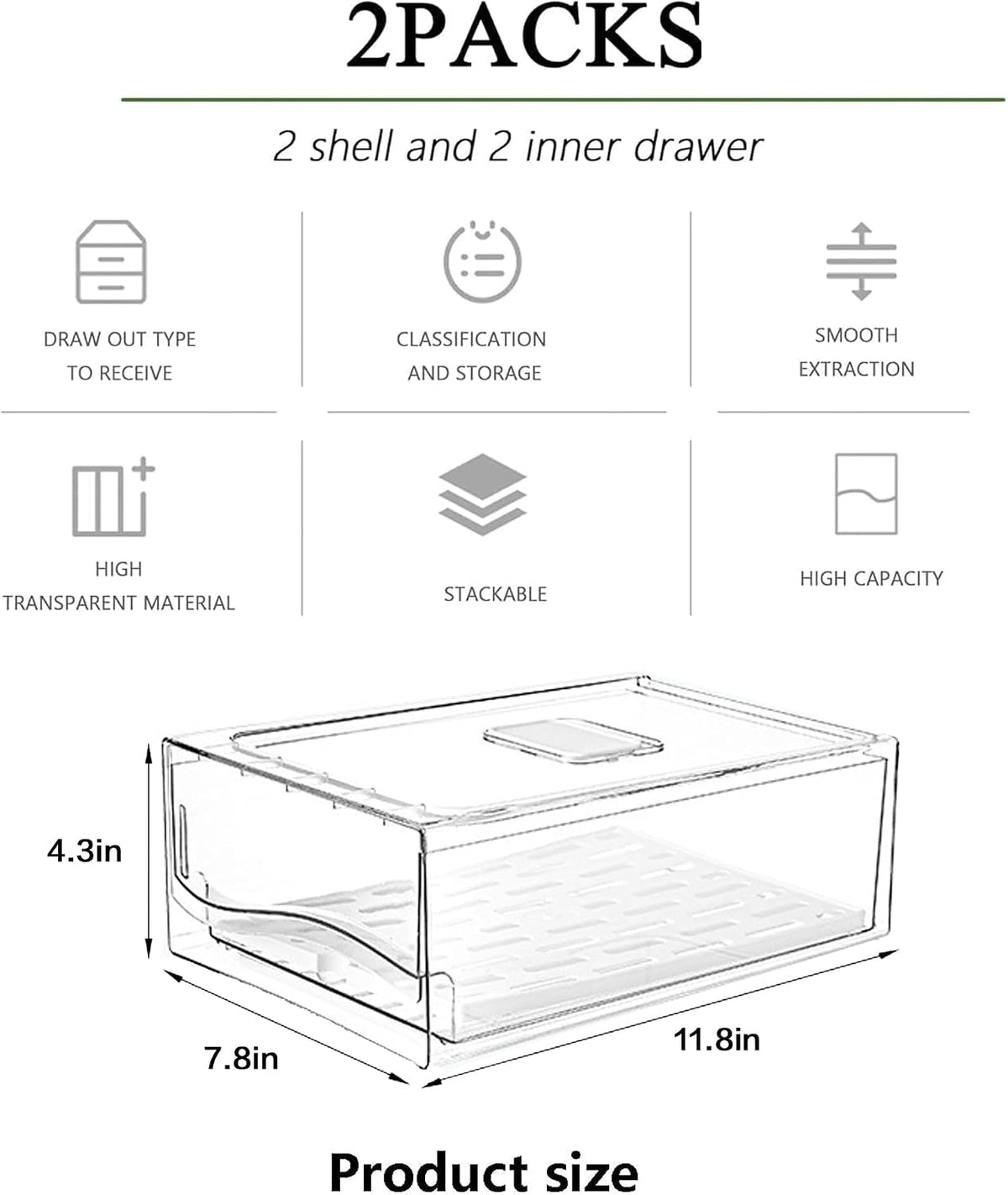 Fridge Organizers and Storage, BPA-Free Large Capacity Stackable Clear Fridge Organizer, With Strainer Layer Keep Fruits, Vegetables and Meat Fresh in refrigerator, freezer, Food Storage ( 2 Drawers)