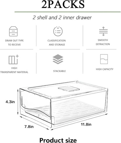Fridge Organizers and Storage, BPA-Free Large Capacity Stackable Clear Fridge Organizer, With Strainer Layer Keep Fruits, Vegetables and Meat Fresh in refrigerator, freezer, Food Storage ( 2 Drawers)