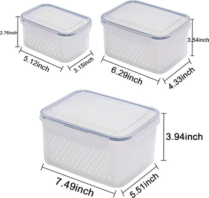 3Pack Fridge Food Storage Container Set with Lids with Strainer,Plastic Fresh Produce Saver Vegetable Fruit Meat Storage Organization, BPA-Free Plastic Produce Keepers(3.15L+1.7L+0.8L)