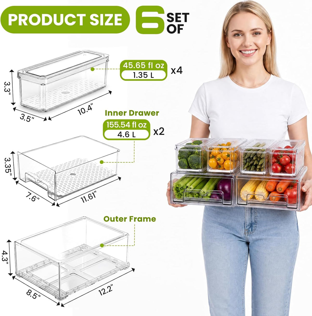 6Pack Fridge Organizers and Storage with Drain Trays,BPA-Free PET,Stackable