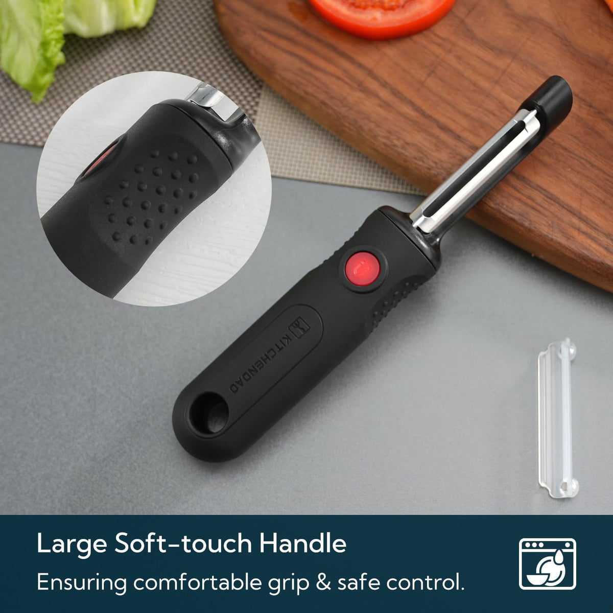 KITCHENDAO Magnetic Vegetable Peeler with Durable Japanese Stainless Steel Sharp Dual Blade, Large Non-Slip Handle with Potato Eye Remover, Magnetic Safety Cover, Dishwasher Safe Kitchen Fruit Peeler