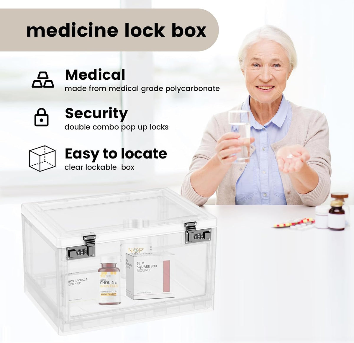 Large Medicine Lock Box for Safe Medication, 24 Litre Locked Medicine Box with Combination Code, Hygienic Lockable Storage Box for Snacks/Food/Electronic/Fridge/Personal Items Stackable Clear