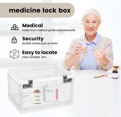 Large Medicine Lock Box for Safe Medication, 24 Litre Locked Medicine Box with Combination Code, Hygienic Lockable Storage Box for Snacks/Food/Electronic/Fridge/Personal Items Stackable Clear