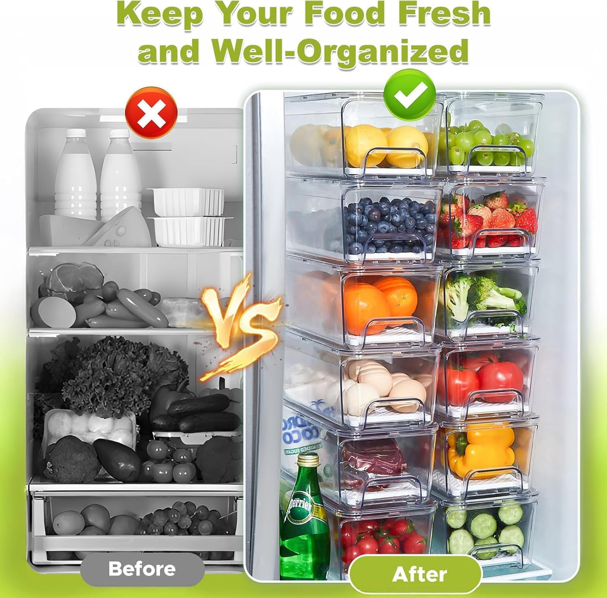 2-Pack Fridge Organizers and Storage, Clear Refrigerator Containers