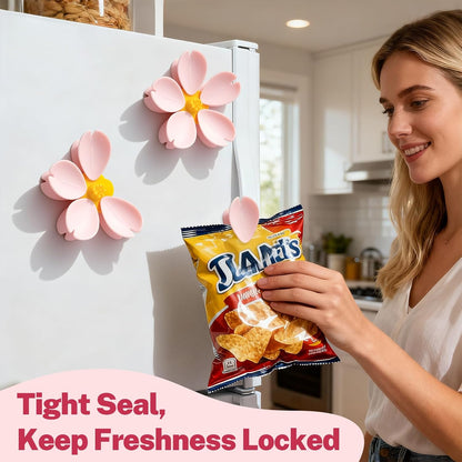 4-Piece Pink Cherry Blossom Cute Bag Clip Set,Decorative Magnetic Fridge Magnets, 4 Sets of 20 Fun Food Sealing Clips