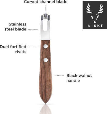 Viski Channel Knife, Citrus Zester and Orange Peeler Tool, Walnut Wood and Stainless Steel Bar Tool for Cocktail Garnishes, Perfect for Home Bars, Craft Cocktails and Bartender Gifts, Set of 1