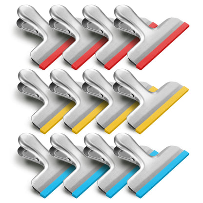 HOUSE AGAIN 8 Pack Stainless Steel Chip Bag Clips Covered with Silicone - NO More Sharp Edges - Color Coded for Food Bags - Air Tight Seal, Heavy Duty for Kitchen and Office, 3 Inches