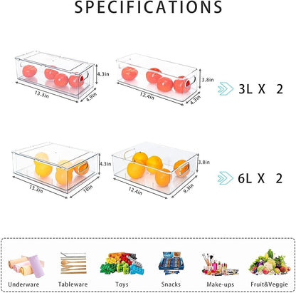4 pack Stackable Refrigerator Organizer Bins Pull-Out Drawers for Fruit and Veggies Storage Organizer for Fridge Clear Drawer Containers with Handle Divided Organization for Produce Saver