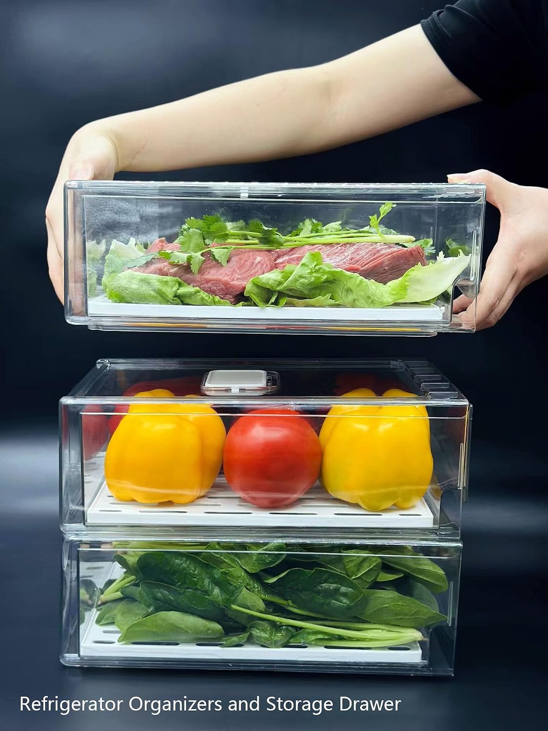 Refrigerator Organizers and Storage Drawer, Stackable Fruit Storage Containers for Fridge, Reusable Fridge Organizer fit for Kitchen Refrigerator and Restaurant Freezer (2 Drawers, Large)