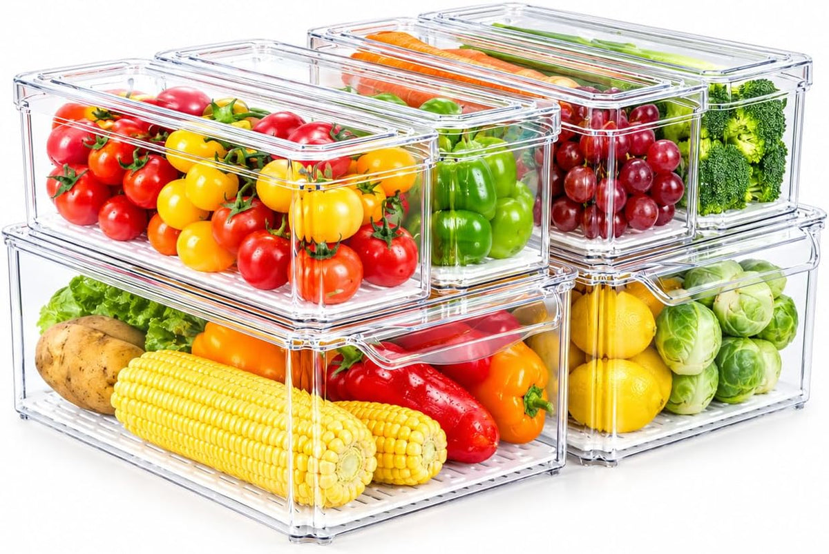 ZIJUND 6 Pack Fridge Organizer Bins with Lids, Stackable Clear Storage