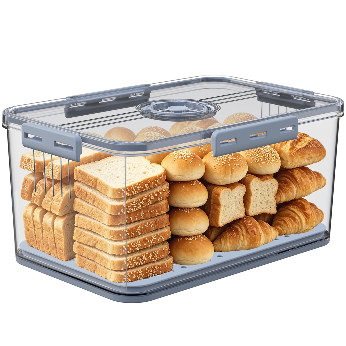 Clear Bread Box with Lid ,Time Recording Airtight Bread Container Grey