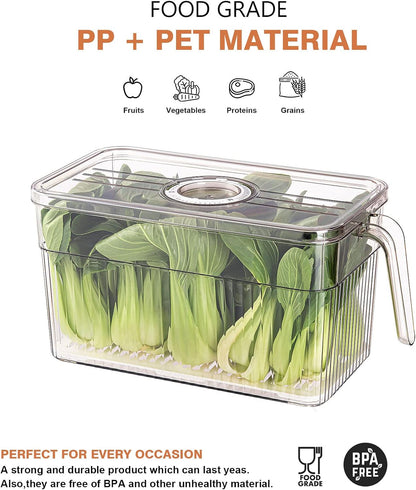 2 Pack Plastic Food Storage Produce Containers for Fridge, Stackable Lettuce Keeper for Refrigerator with Removable Drain Tray Keep Fresh for Vegetables/Fruit/Berry/Salad - 10'' x 5.3'' x 5.2''