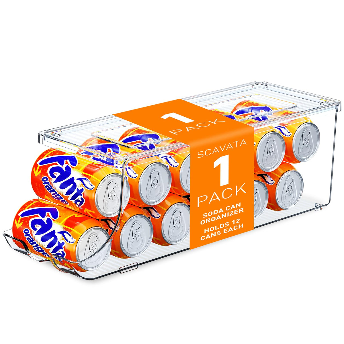 SCAVATA 2 Pack Soda Can Organizer for Refrigerator, Stackable Canned Food Pop Cans Container Can Holder Dispenser with Lid for Fridge Rack Freezer, Clear Storage Bins-Holds 12 Cans Each (Clear)