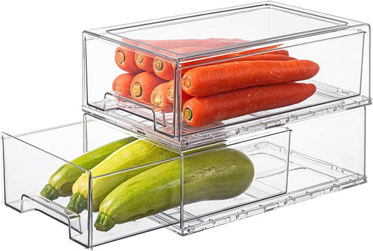 Clear Stackable Refrigerator Organizers and Storage Drawers - Pull-Out Fridge Bins with handles for Kitchen，Pantry，Cabinet，Bathroom, Undersink，Closet (2 Pack)