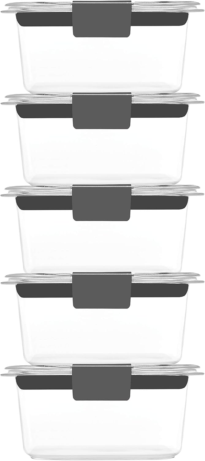 Rubbermaid Brilliance BPA-Free Food Storage Containers Multi Pack, 1.3 Cup Plastic Containers with Lids, 5 Pack, Leak Proof, Microwave & Dishwasher Safe