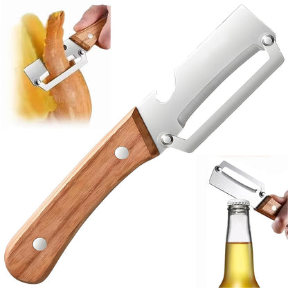 NEW Premium Vegetable Peeler with Wooden Handle and Bottle Opener: 2-in-1 Stainless Steel Kitchen Tool for Fruit Apple Potato Pumpkin Papaya (1Pack)
