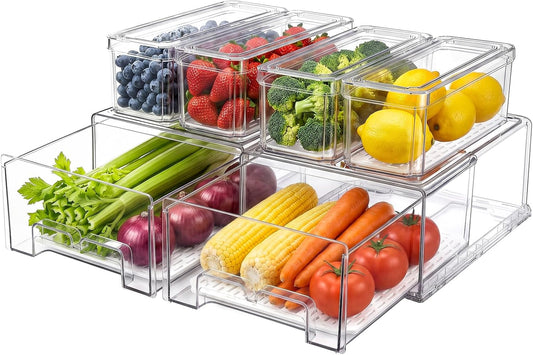 6Pack Fridge Organizers and Storage with Drain Trays,BPA-Free PET,Stackable