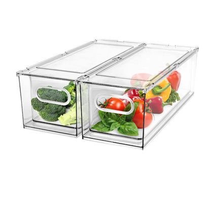 2 Pack Refrigerator Organizer Bins Stackable Fridge Organizer Set with Pull-out Drawer Clear Vegetable Fruit Storage Containers for Kitchen Pantry Organization