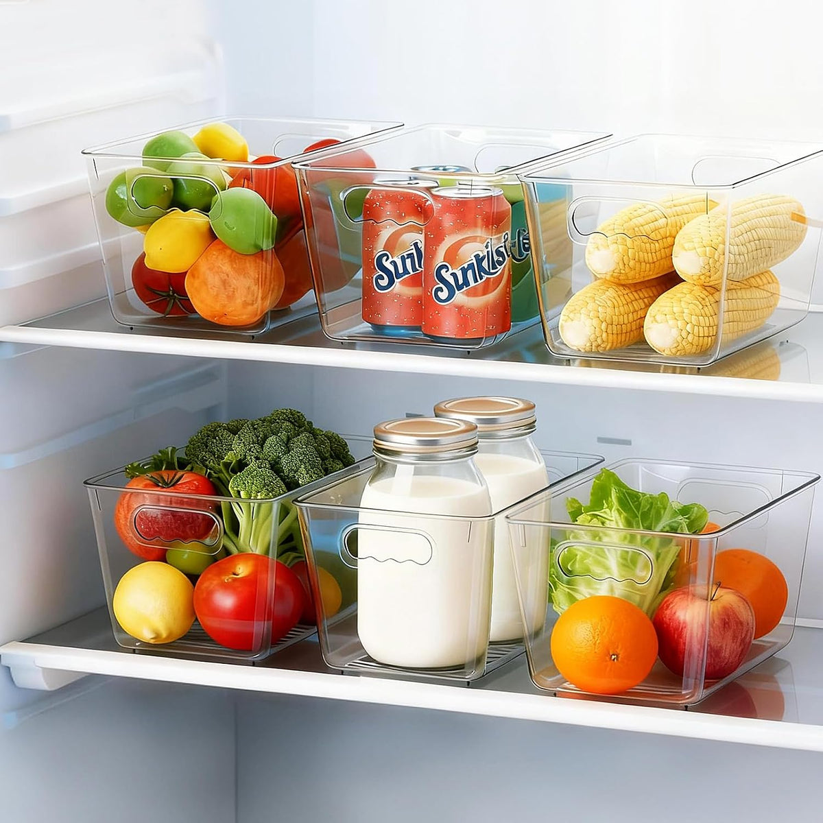 Clear Fridge Organizer Bins with Handles, 4 Pack Medium 10×6×5 Inch